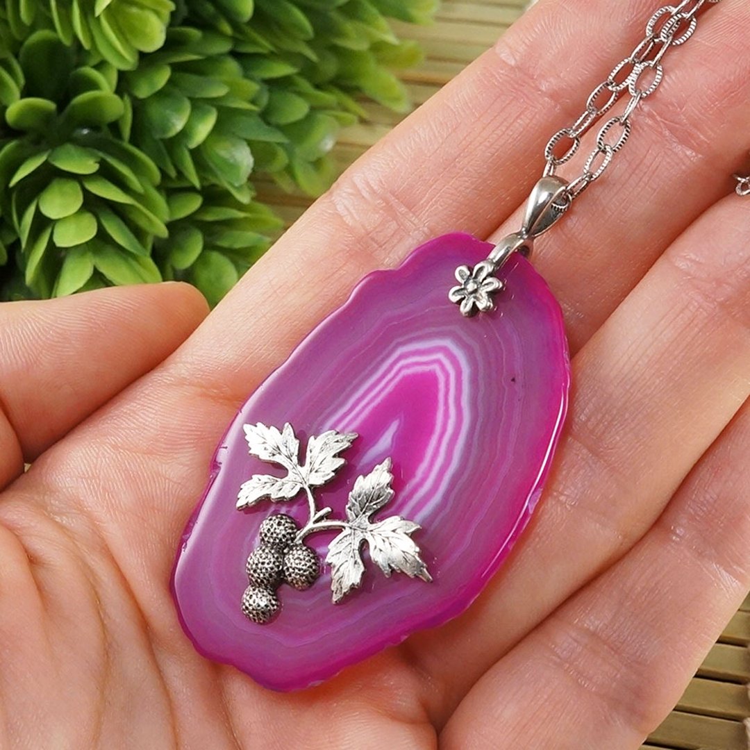 Pink Fuchsia Agate Slice Slab Silver Raspberry Pendant Necklace Jewelry Gift - 项链 - 半宝石 粉红色