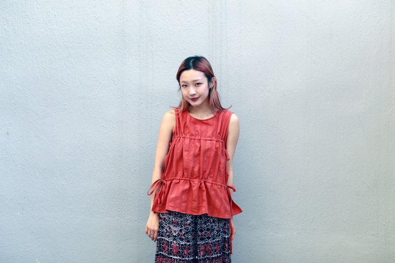 黑 橙 绿色 两侧绑带蝴蝶结 背心 - 女装背心 - 棉．麻 多色