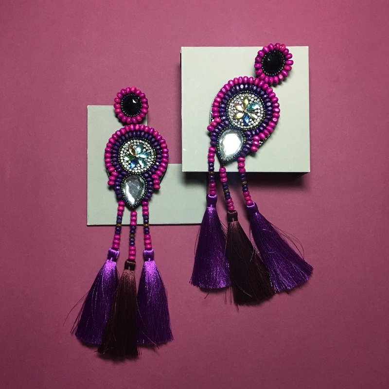 earrings : boho chic x3rd purple l red - 耳环/耳夹 - 其他材质 紫色