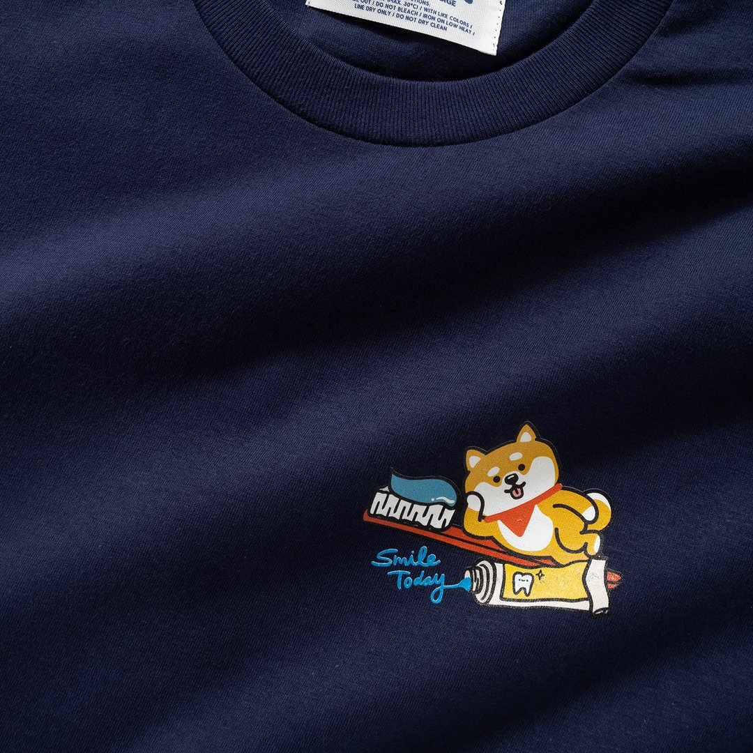 【昭和系列】P仔昭和Smile Today图案Tee - 深蓝色//白色 (ZT1122 - 男装上衣/T 恤 - 棉 蓝色