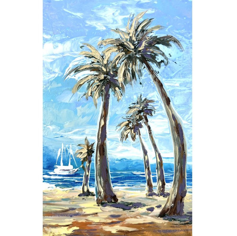 Palm Painting Beach Original Art 15x10 cm/ 6 by 4 inch - 海报/装饰画/版画 - 其他材质 多色