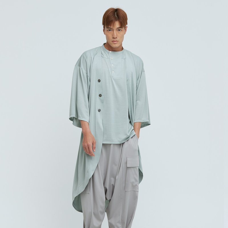 REBOOT-苏活宽版无领圆弧罩衫(中性) - 简朴灰 - 男装外套 - 聚酯纤维 灰色