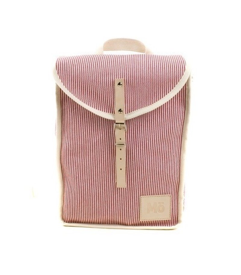 Mödernaked [西班牙手工制作] Heap Backpacks 100%纯棉|皮革|拼接|抽绳 后背包 (红白条纹） - 后背包/双肩包 - 棉．麻 红色