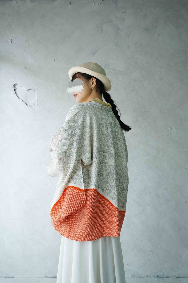 寻宝古着 - 银白橘色波纹意象质感日本羽织和服 - 女装休闲/机能外套 - 丝．绢 银色