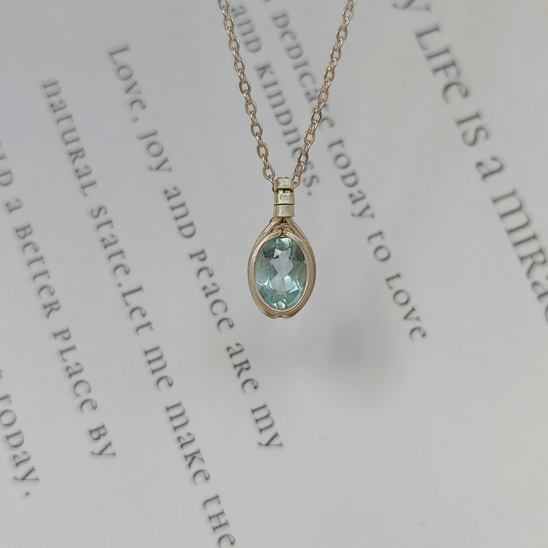 天然海藍寶吊墜 切面海藍寶純銀項鍊 手工刻面天然石海蓝宝项链 - 项链 - 半宝石 