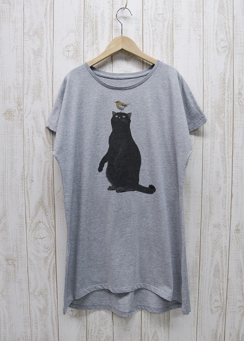 顶着猫咪的洋装 T 罗宾 炭灰色 / R018-O-GR - 洋装/连衣裙 - 棉．麻 灰色