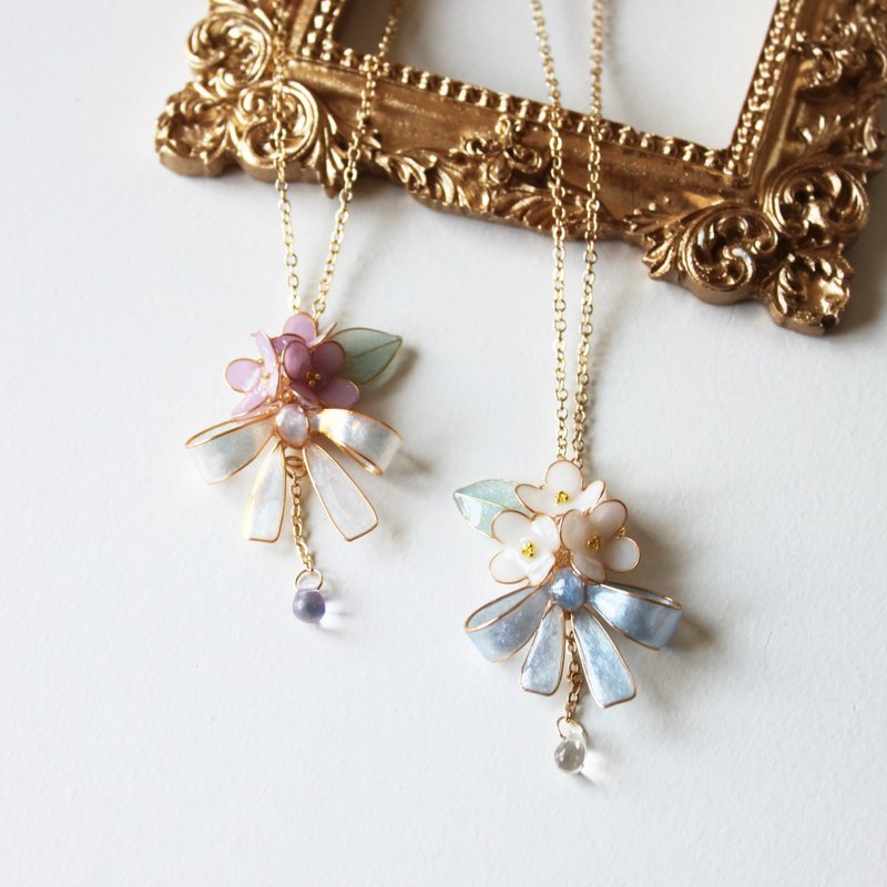 【丁香缎带项链】 蝴蝶结 丁香花 手工 项链 14KGF 项链 - 项链 - 树脂 多色