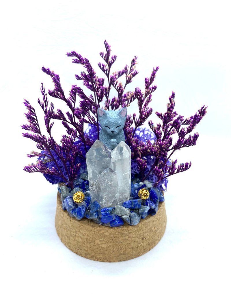 紫色森林。猫的祈祷与白水晶-手工玻璃罩公仔/水晶/干燥花摆设 - 摆饰 - 水晶 