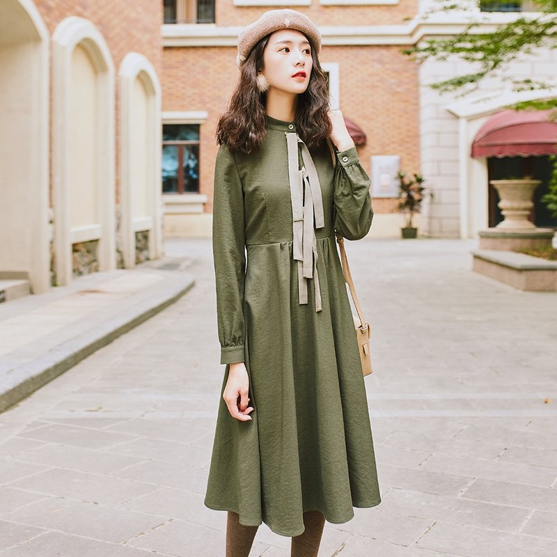 2018女装冬季穿搭小高领系带长款连身裙洋装 YWD81301 - 洋装/连衣裙 - 其他材质 绿色