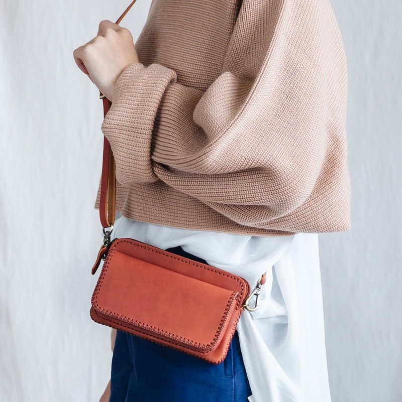 BAGUETTE - HANDMADE MINIMAL SMALL NATURAL COW LEATHER BAG - ORANGE BROWN - 侧背包/斜挎包 - 真皮 橘色