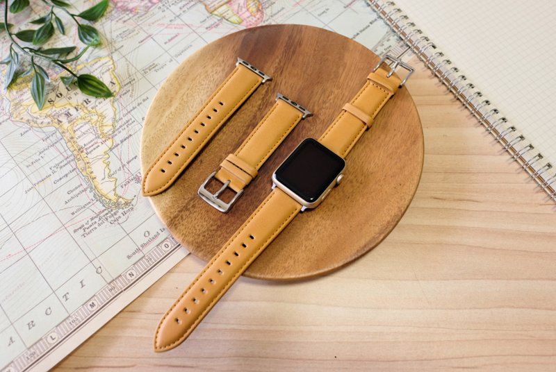 当日出货 AppleWatch意大利真皮手工表带 棕色 全系列 免费刻字 - 表带 - 真皮 卡其色