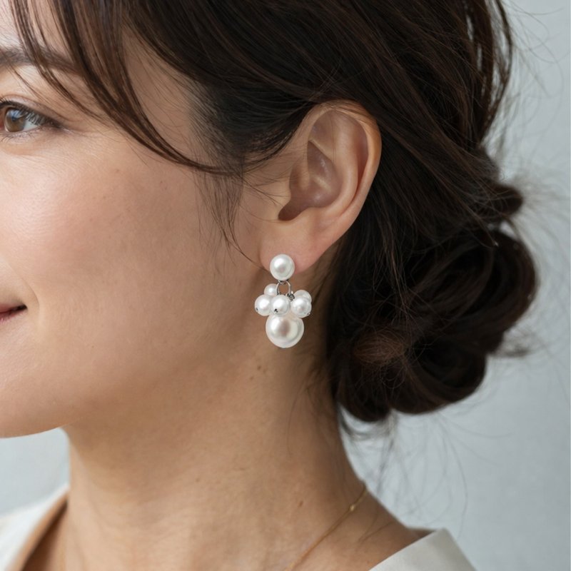 珍珠 x 泡泡珍珠双向耳环 / 珍珠 / 生日 / 母亲节 / 礼物 / 日本 - 耳环/耳夹 - 其他材质 银色