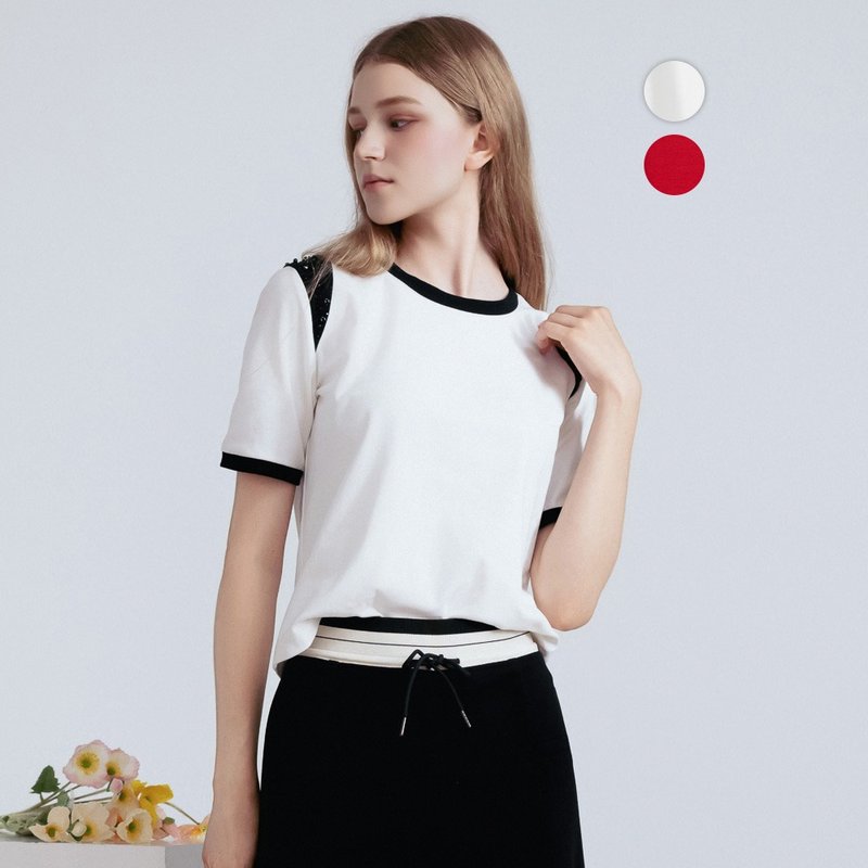 【MEDUSA】时髦拼色钻饰休闲上衣 - 2色(M-XL) | 女短袖T恤 - 女装 T 恤 - 棉 白色