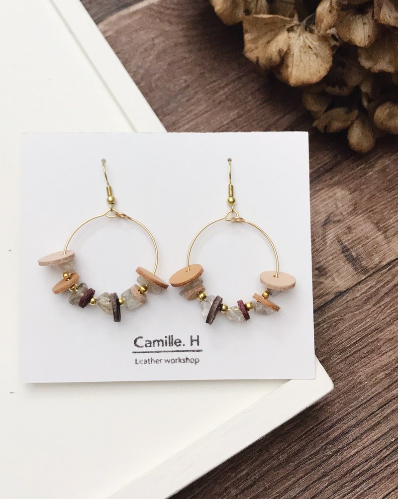 快速出货丨枫红小花圈天然石皮革耳环丨可换耳夹丨闺蜜生日礼物 - 耳环/耳夹 - 宝石 红色