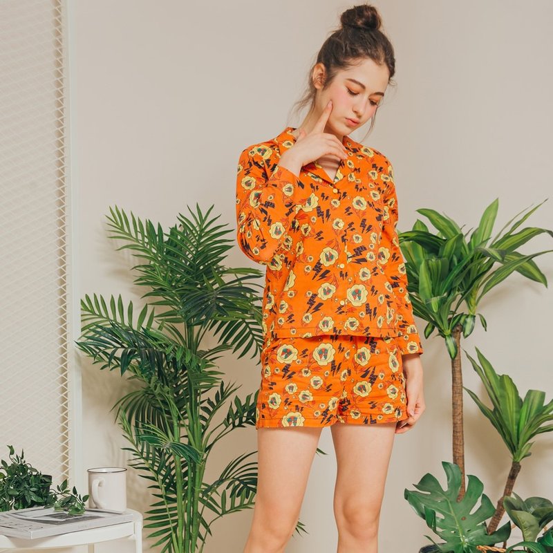 闪电爆米花 西装领长袖家居服套组 - 居家服/睡衣 - 棉．麻 橘色