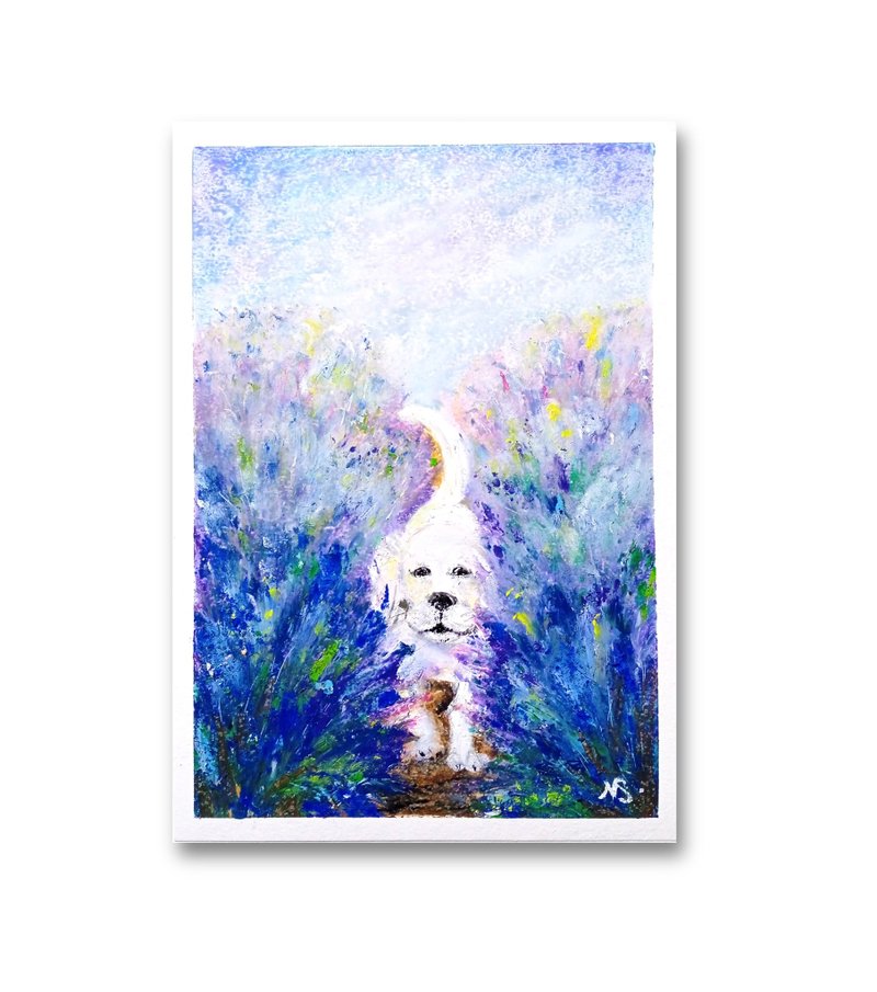 白色拉布拉多画原创狗墙艺术薰衣草小狗油画棒艺术品 - 墙贴/壁贴 - 纸 多色