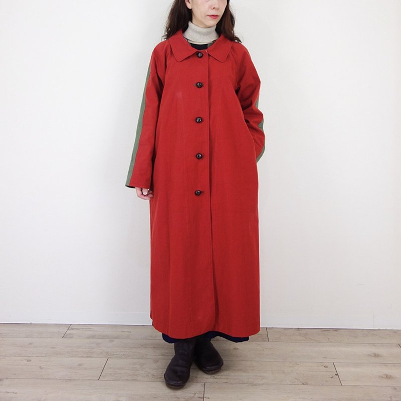 砖红色 高密度斜纹棉布 长版翻领大衣 拼色设计 - 女装西装外套/风衣 - 棉．麻 