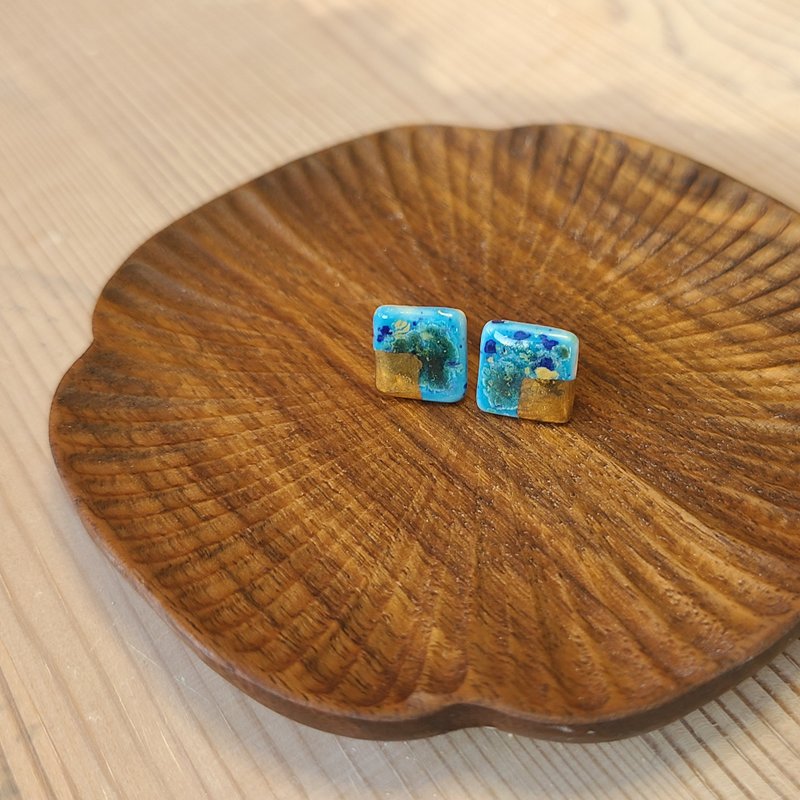 24K纯鎏金蓝色结晶釉彩耳环(正方形) - 耳环/耳夹 - 瓷 蓝色