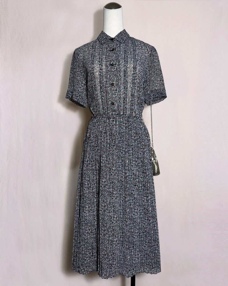 格纹雪纺短袖古着洋装/ 国外带回 VINTAGE - 洋装/连衣裙 - 聚酯纤维 多色