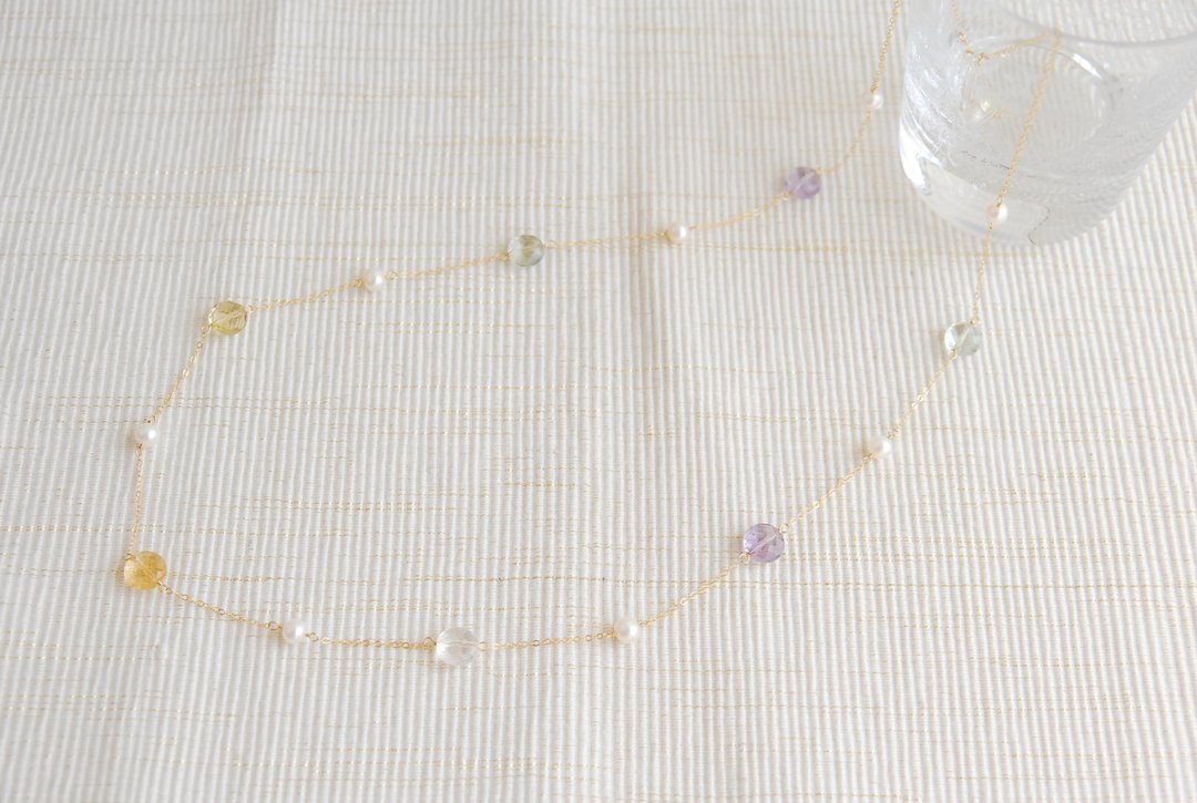Spring color necklace of 5 colors of crystal and pearl 14kgf - 项链 - 水晶 多色
