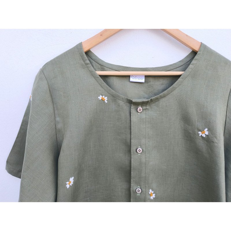 刺绣 | 亚麻 | 圆领衫 绿褐色 - 女装上衣 - 棉．麻 绿色