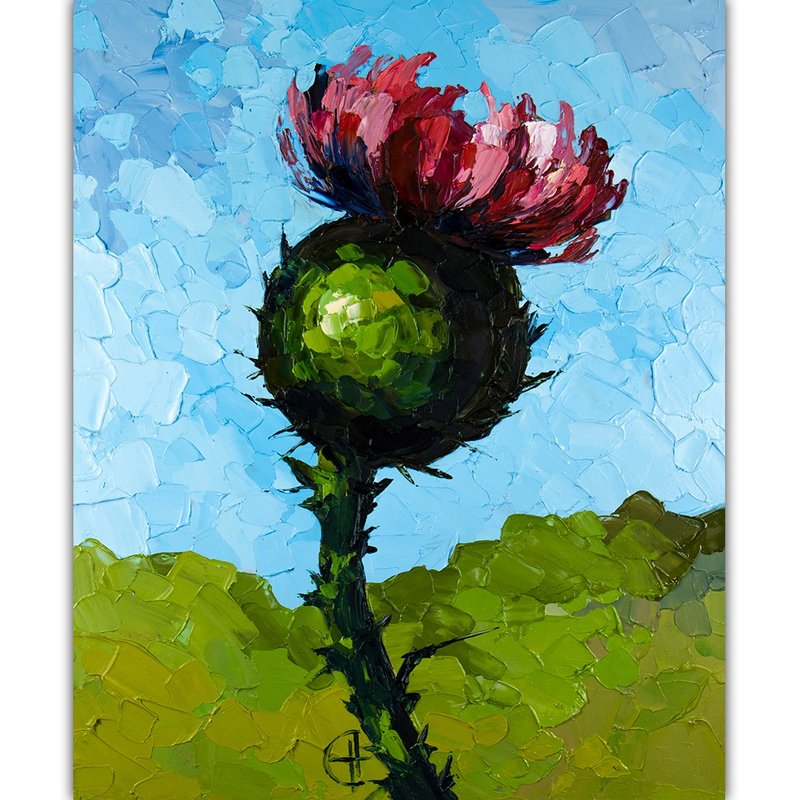 Thistle Painting Flower Original Art Floral Artwork Small Impasto Oil Painting - 海报/装饰画/版画 - 其他材质 绿色