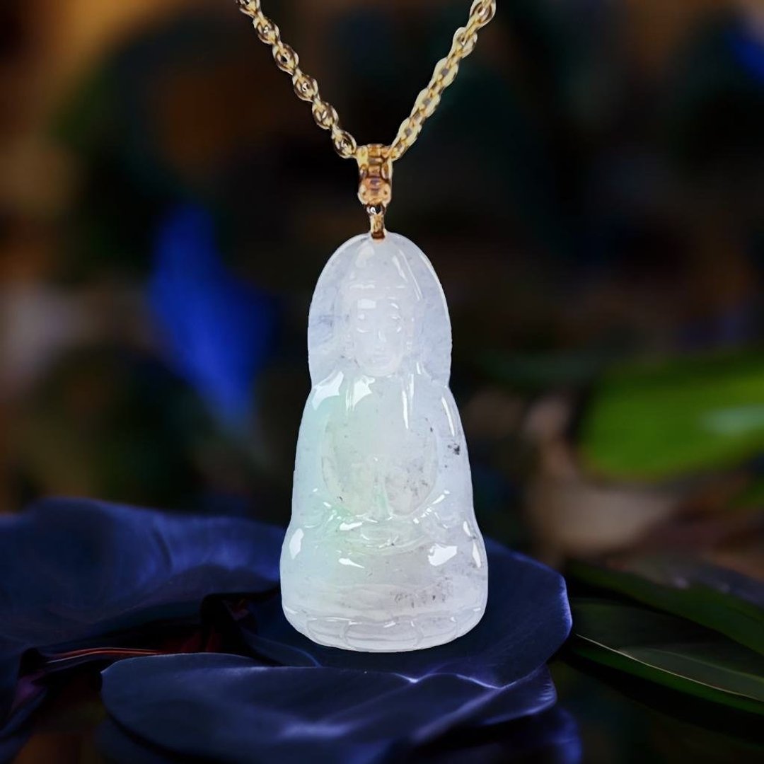 【母亲节特惠】冰飘花翡翠观音菩萨项链 18K金坠头 | 天然缅甸玉 - 项链 - 玉石 透明