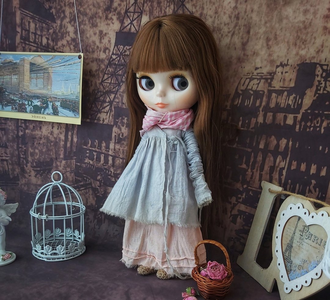 系列 Peasants for Blythe 娃娃粉红-灰色：旧风格的复古服装 - 玩具/玩偶 - 棉 粉红色