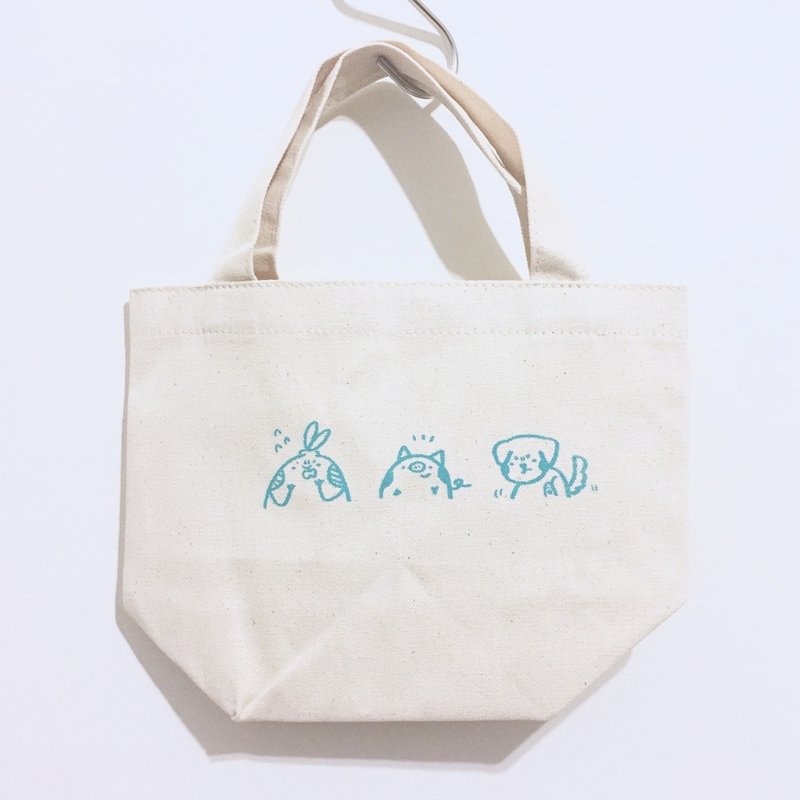 小动物会议 / 手工绢印限量小帆布袋 - 手提包/手提袋 - 棉．麻 白色