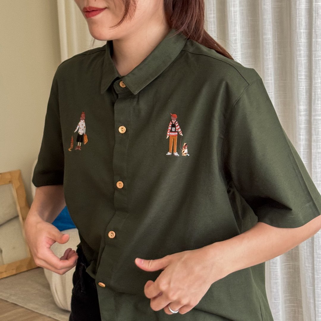刺绣衬衫 (Embroidery Shirt) : 绿色 (Green) : 白色 与猫同行 - 女装衬衫 - 棉 绿色
