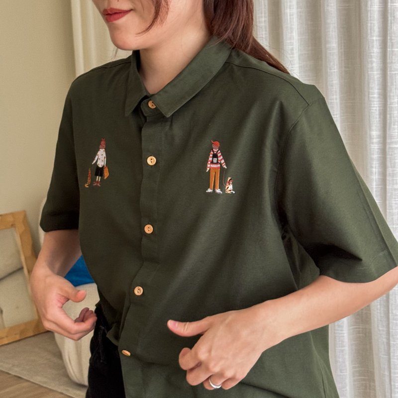 刺绣衬衫 (Embroidery Shirt) : 绿色 (Green) : 白色 与猫同行 - 女装衬衫 - 棉．麻 绿色