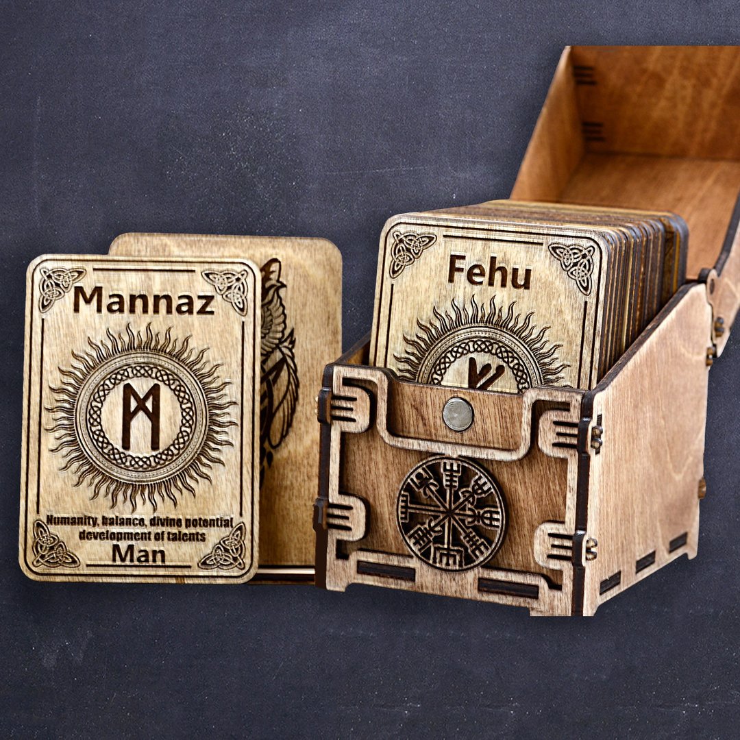 HANDMADE Wooden Runes Oracle cards Set 24 pcs with gift box - 其他 - 木头 咖啡色
