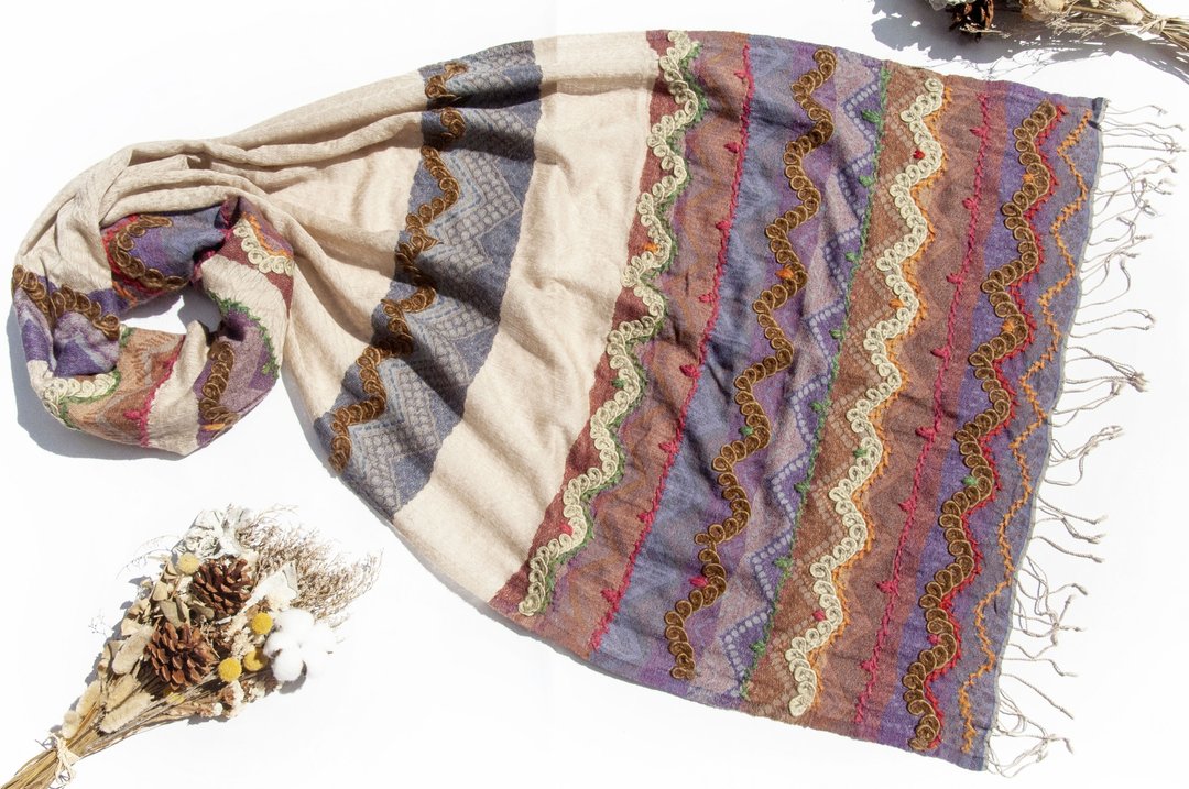喀什米尔Cashmere/水煮羊毛披肩/针织围巾/刺绣围巾/羊绒披巾-花 - 围巾/披肩 - 羊毛 多色