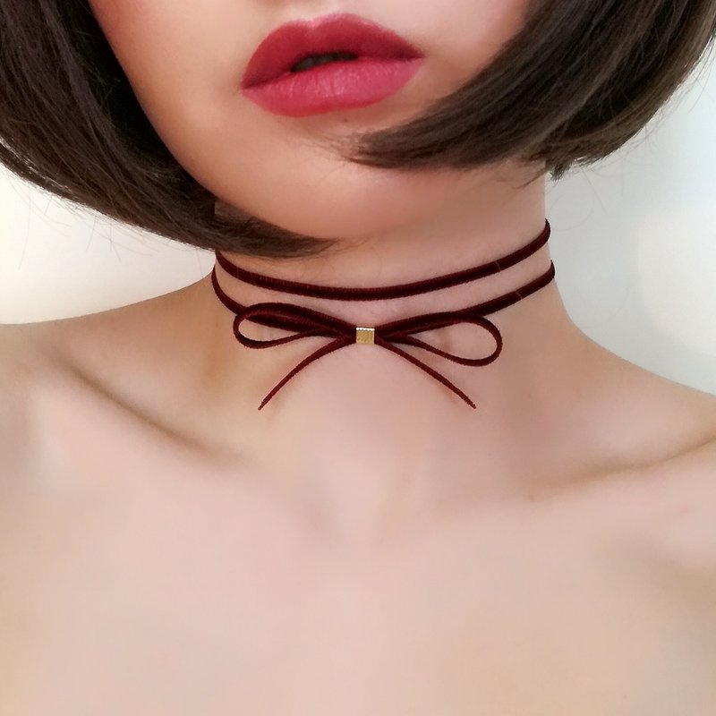 (Red) 2 Ribbon Choker SV138RE - 项链 - 聚酯纤维 红色