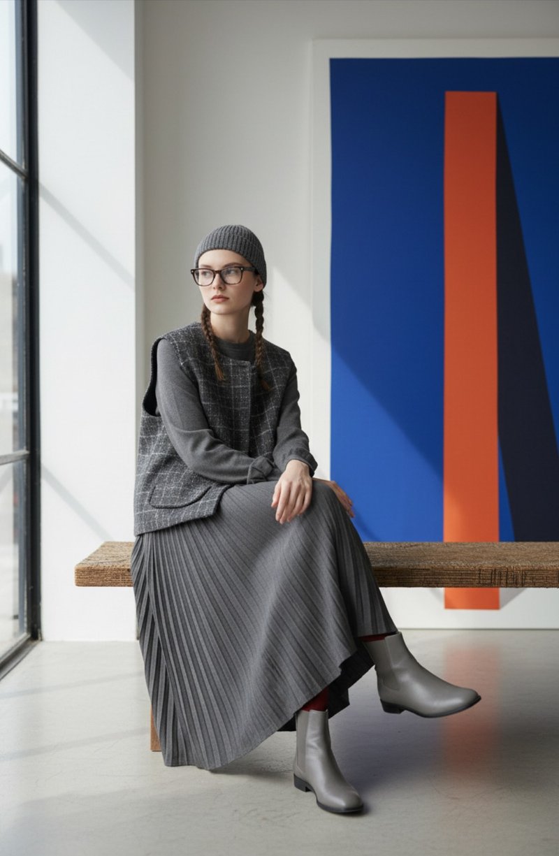 炭灰格仔套装 - 裙子 - 其他材质 灰色