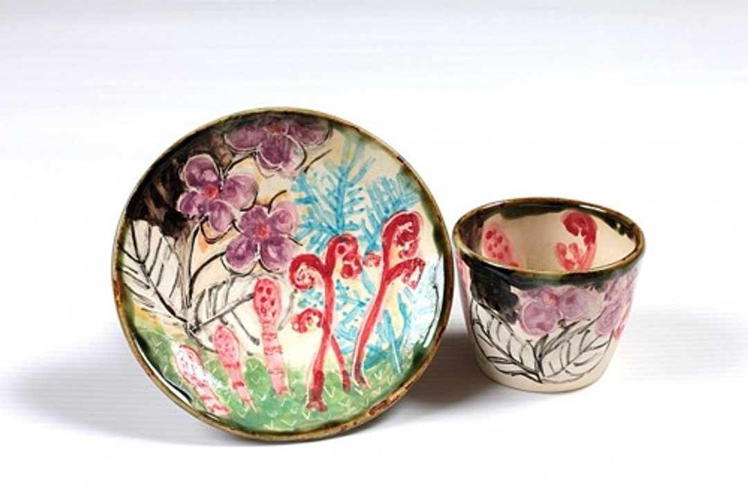 Light-colored flower drawing and glaze color painting free cup set - 咖啡杯/马克杯 - 陶 