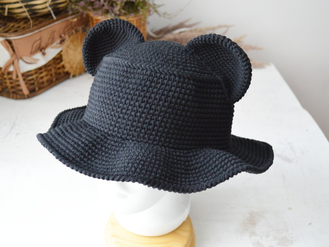 Crochet hat with bear ears for adult Custom men and women cotton yarn bucket hat - 帽子 - 棉 多色