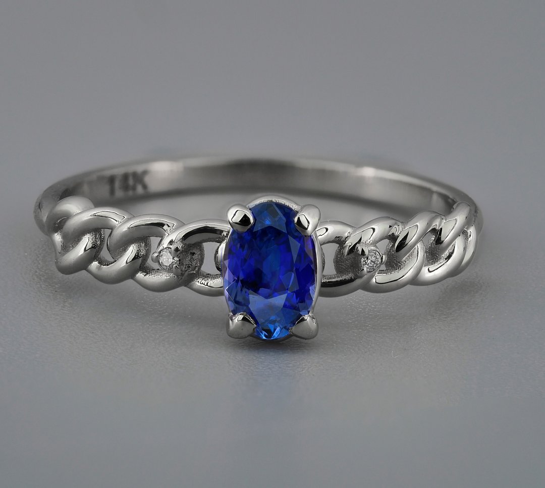 14k gold ring with sapphire and diamonds - 戒指 - 贵金属 金色