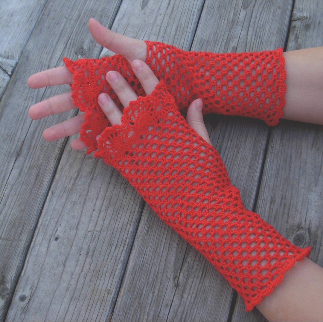 Lace cotton fingerless gloves red crochet mittens - 手套 - 棉 红色