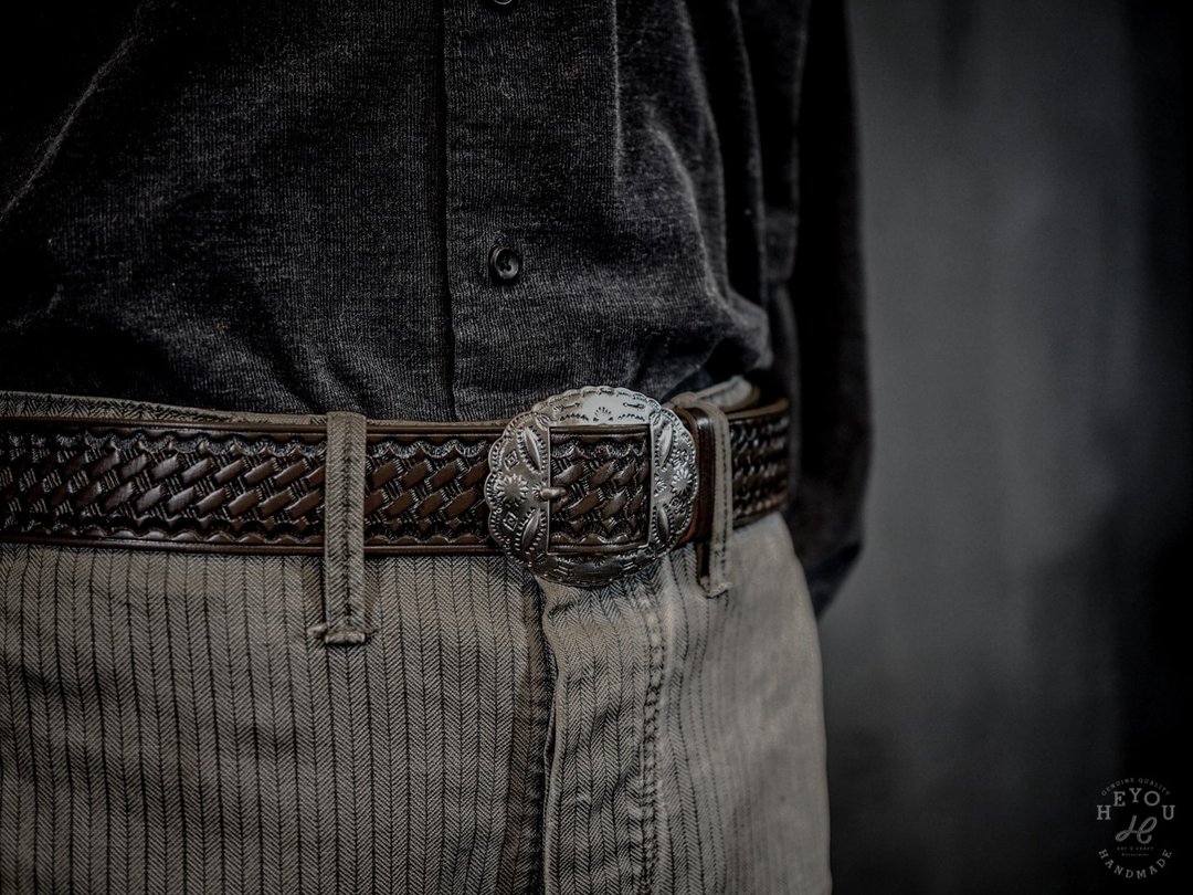 Tooled Leather Belt 篮纹茶芯皮革腰带 - 茶芯旧化款 - 皮带/腰带 - 真皮 咖啡色