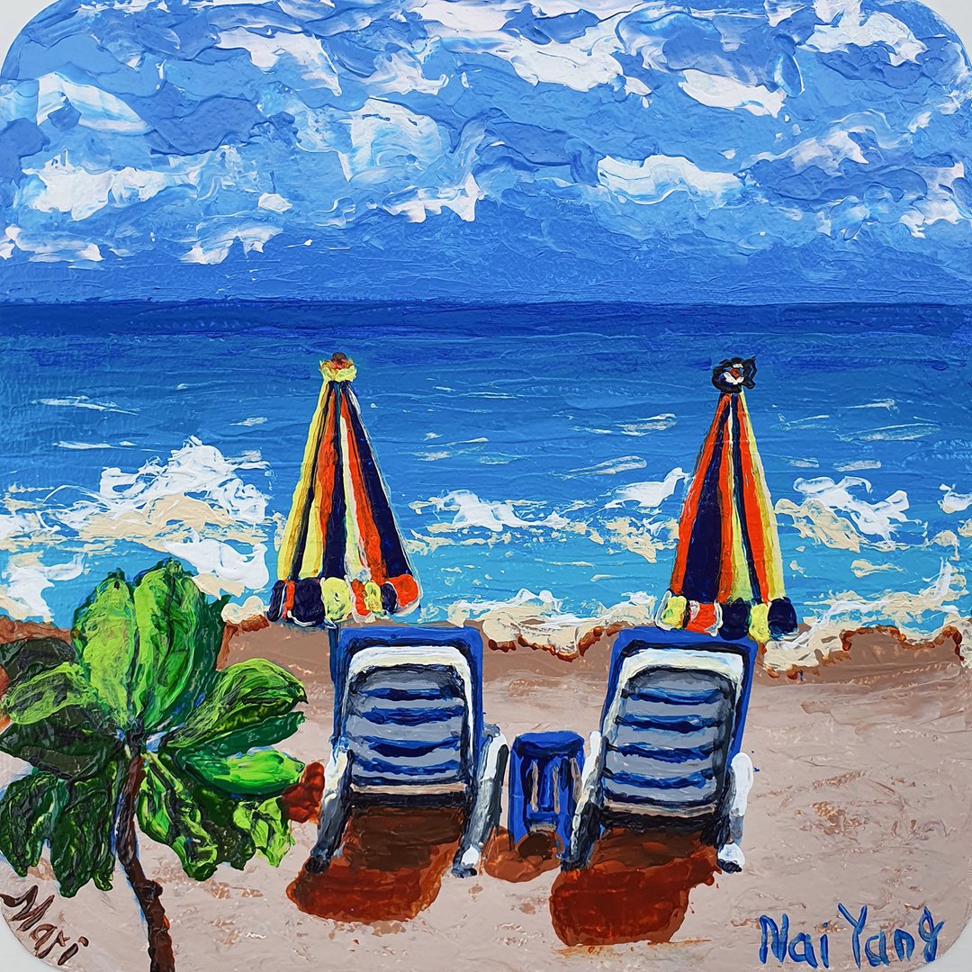 Beach Painting Umbrellas Original Art Chaise Lounges Wall Art Seascape Holidays - 海报/装饰画/版画 - 其他材质 蓝色