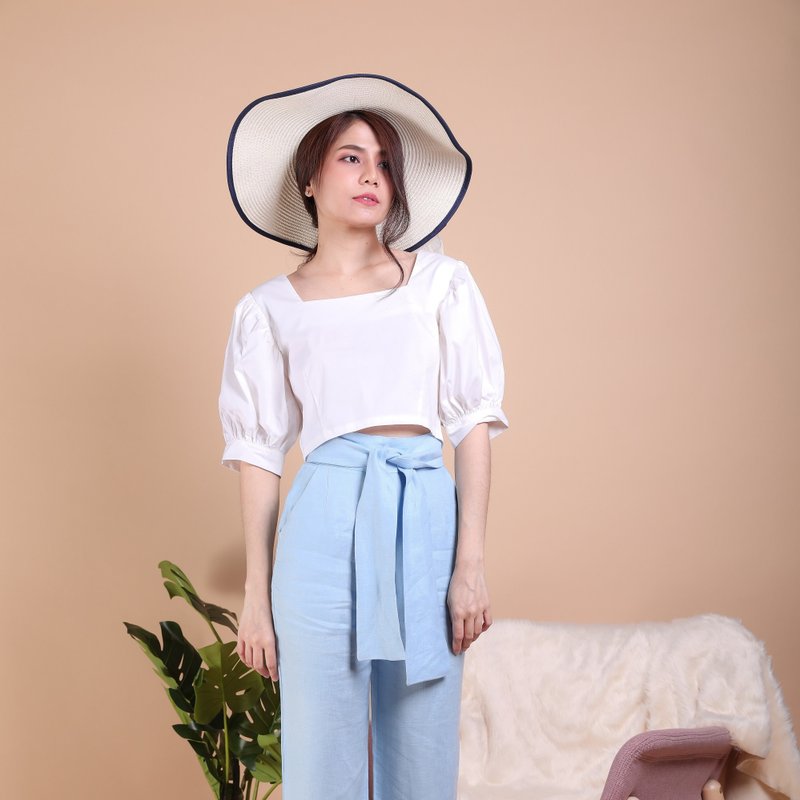 纯棉气球袖短版上衣 - 白色 - 女装上衣 - 棉．麻 白色