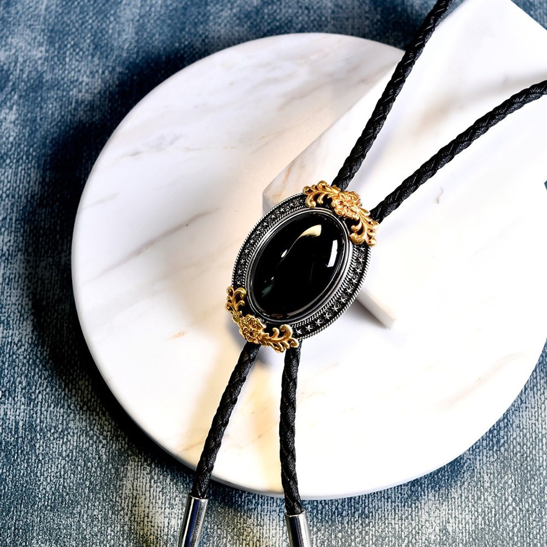 西部唐草纹黑曜石  保罗领带 Bolo Tie 皮革项链 皮绳领带 长项链 - 领带/领带夹 - 人造皮革 银色