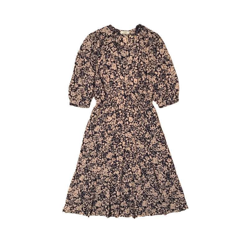 古着日本黑白玫瑰短袖洋装 - 裙子 - 聚酯纤维 黑色