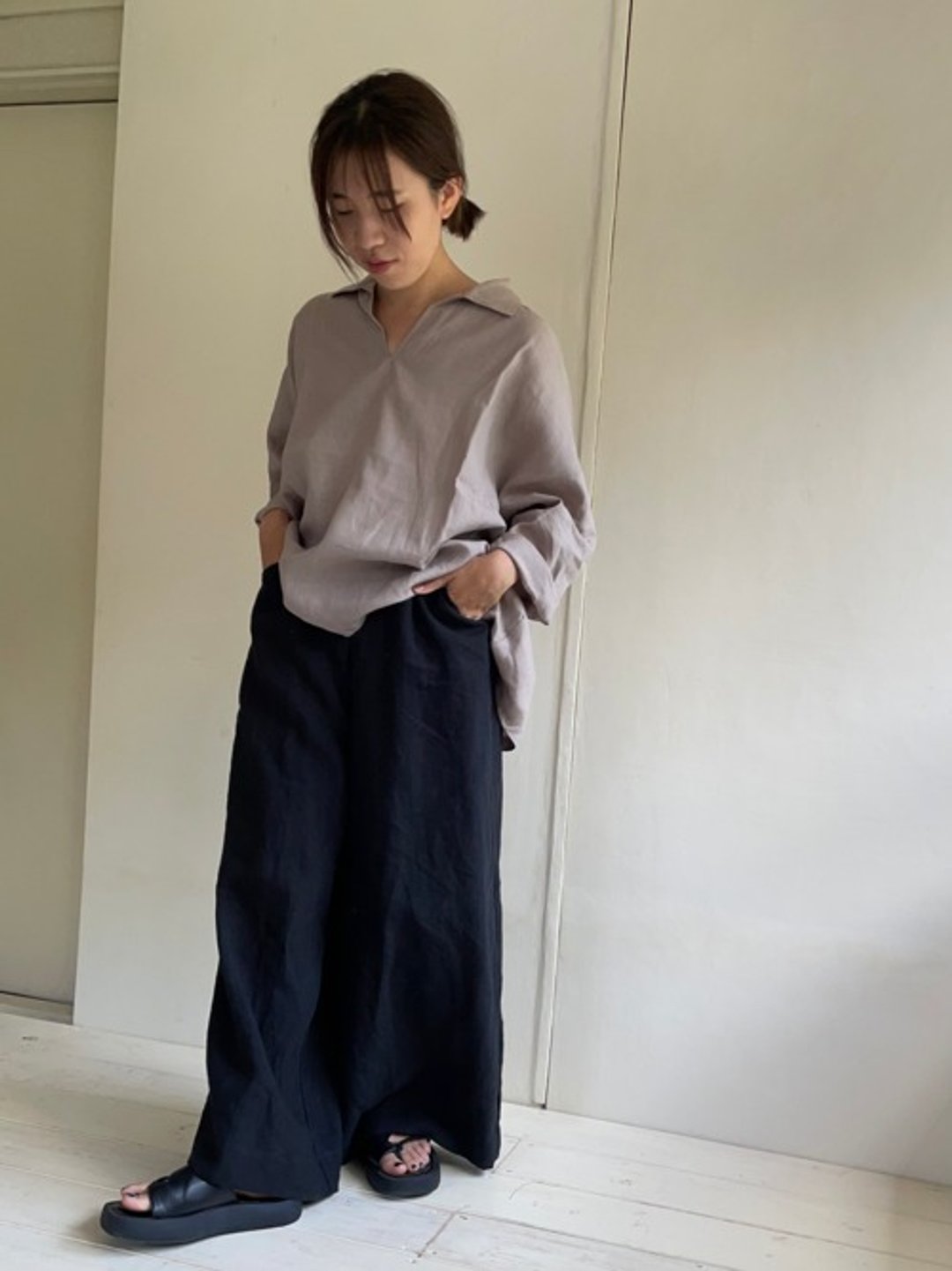 黑色亚麻喇叭宽裤 - 女装长裤 - 棉 