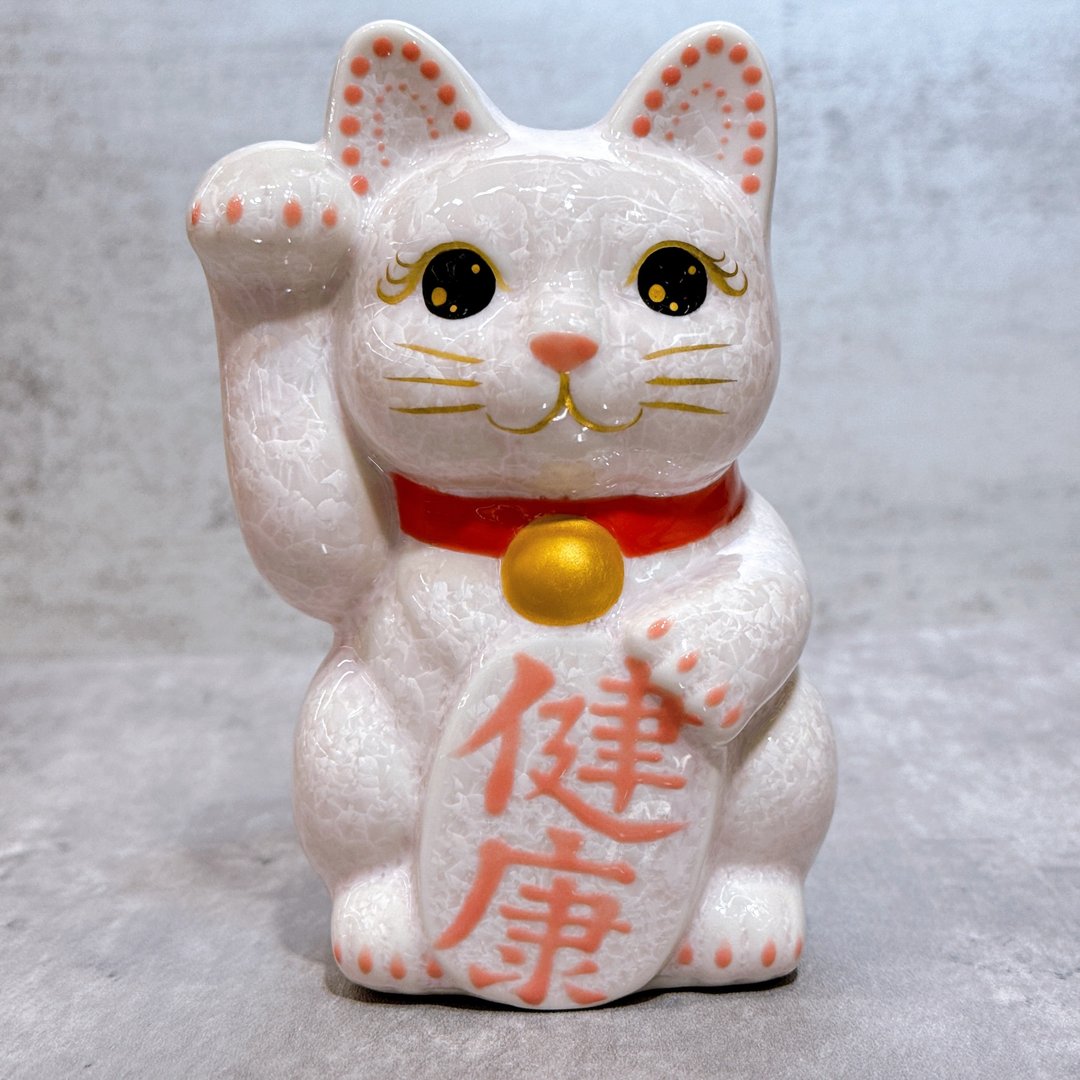 【晶桃祈健】日本清水烧招财猫 | 花结晶 粉 - 健康 右 - 摆饰 - 瓷 白色