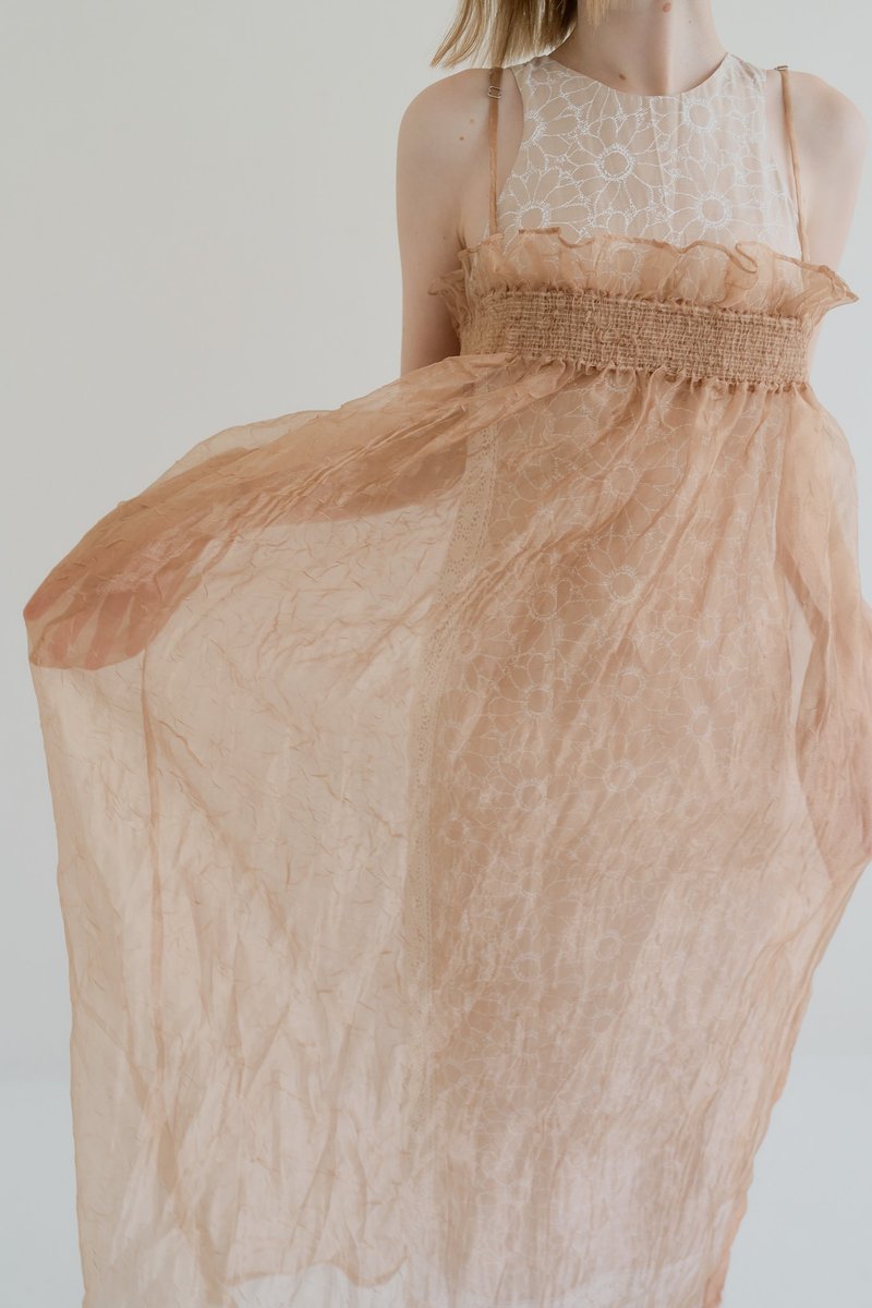 organza pocket dress 欧干纱口袋洋装 champagne 香槟橙 - 洋装/连衣裙 - 聚酯纤维 金色