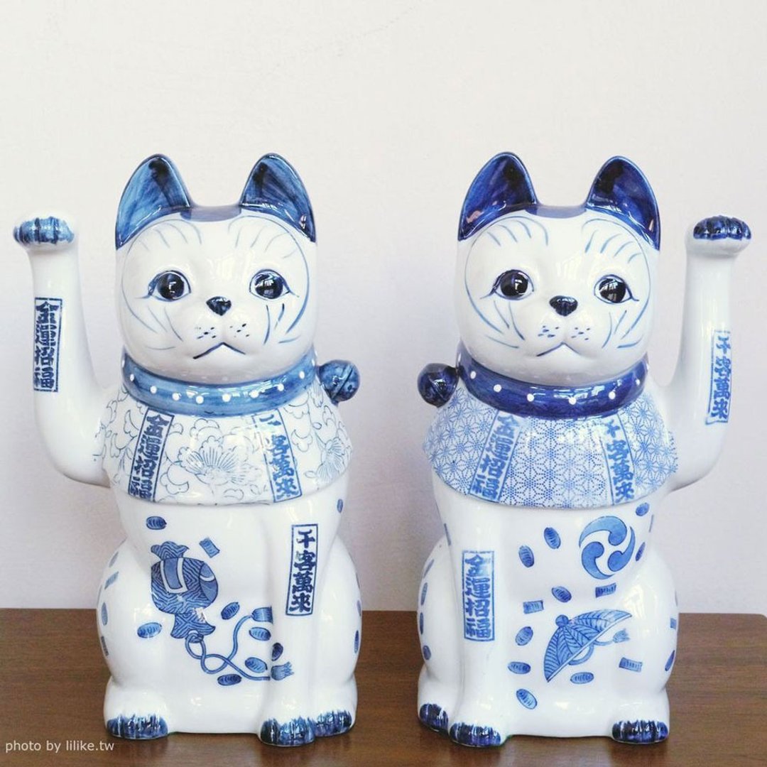 染付大招财猫一对 - 摆饰 - 陶 白色
