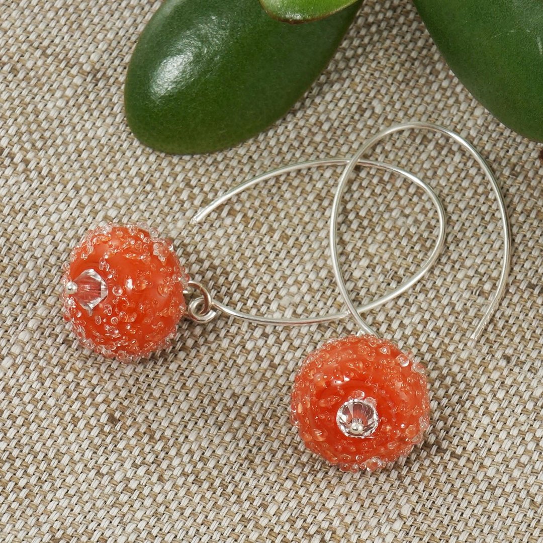 Orange Fire Red Lampwork Murano Glass Sterling Silver Long Hook Earrings Jewelry - 耳环/耳夹 - 玻璃 橘色
