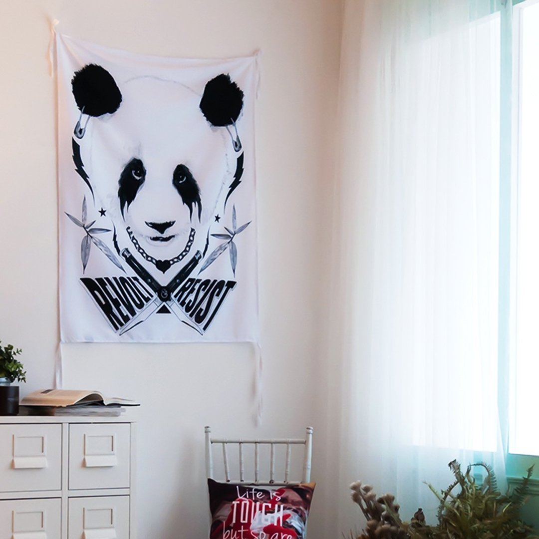 Black Metal Panda-壁幔Wall Tapestry-墙壁装饰壁画 熊猫挂布 - 墙贴/壁贴 - 聚酯纤维 多色